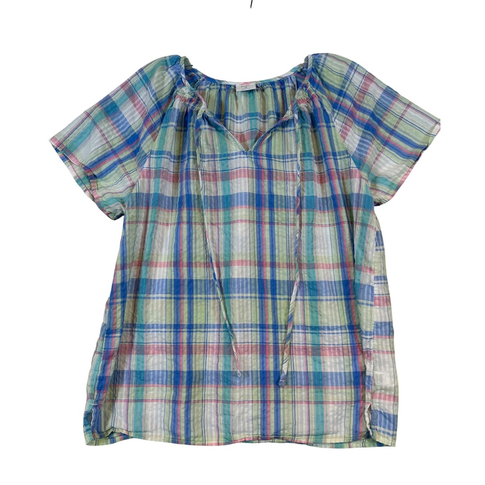 Croft & Barrow Womens •M• Blue Green Plaid Tie Neck Cotton Modal Blouse Boho